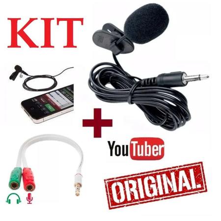 Imagem de Kit Youtuber Microfone de Lapela Para Celular + Universal Adaptador P2 p/ Gravação de Vídeos