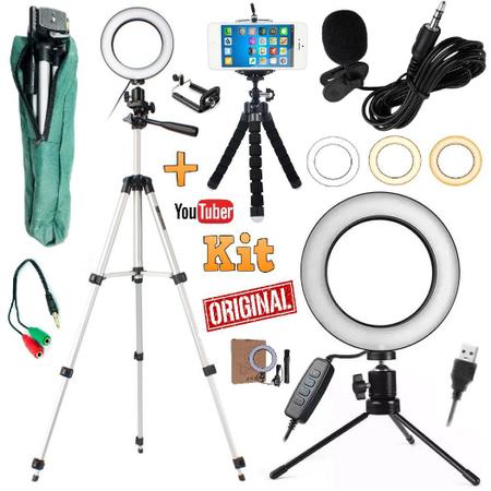 Imagem de Kit Youtuber Profissional Microfone Lapela Tripé 1,30m Celular Universal + Luz Anel Ring Light Led Flash