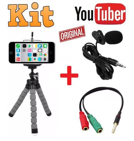 Imagem de Kit Youtuber Profissional Microfone Lapela Tripé 1,30m Celular Universal + Luz Anel Ring Light Led Flash