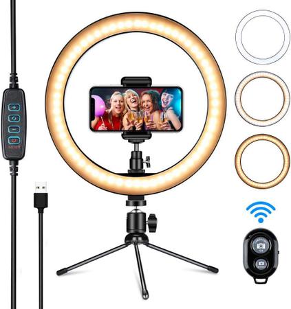 Imagem de Kit Youtuber Ring Light Iluminador Led Flash Anel Luz 26cm + Tripé Microfone de Lapela Celular Profissional + Bluetooth