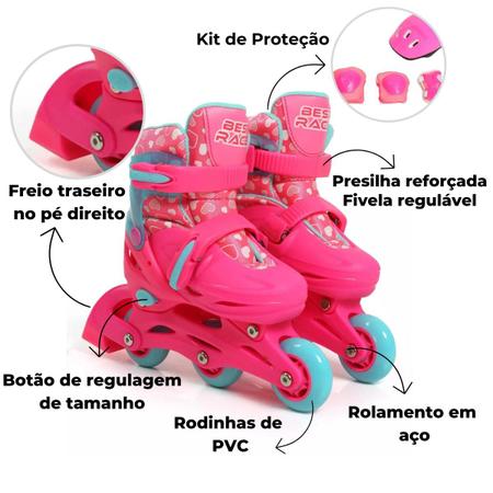 Imagem de Kits Proteção E Patins Feminino Infantil In Line E Tri Line
