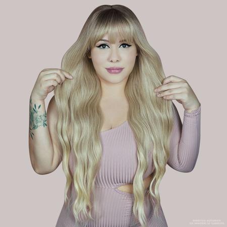 Lace Wig Loira Ondulada Comprida Com Franja Peruca Realista