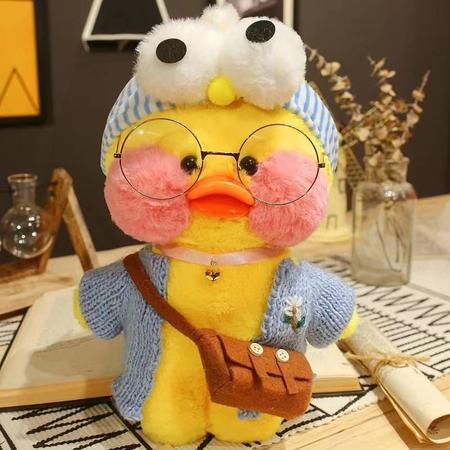 Pato de pelúcia Lalafanfan Amarelo 30cm com roupas e acessórios