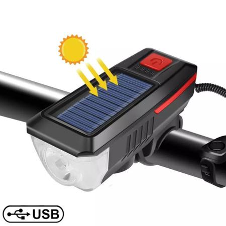 Imagem de Lanterna de Bike Solar Potente Com Buzina Recarregável 3 modos de Luz