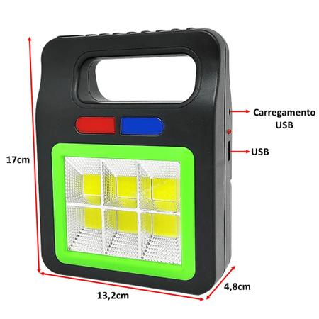 Imagem de Lanterna LED Branco Azul E Vermelho Emergência Portátil Recarregável Via Cabo e Solar YX605COB6