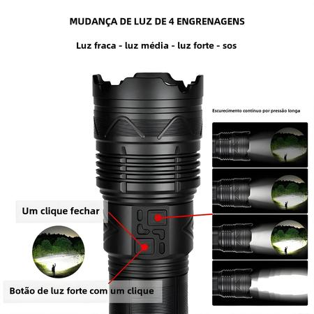 Lanterna Tática Recarregável USB - Super Brilhante 20000lm - 100W - Longo Alcance Imagem de Lanterna Tática Recarregável USB - Super Brilhante 20000lm - 100W - Longo Alcance