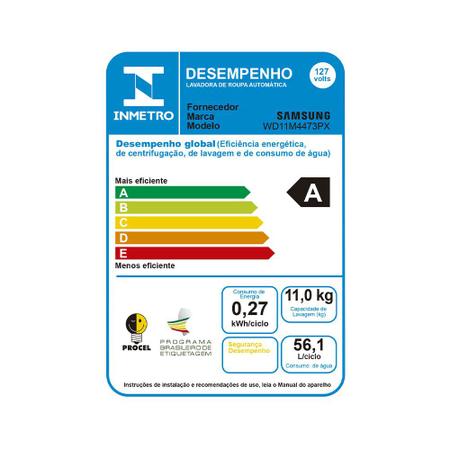 Imagem de Lava e Seca Samsung WD11M com Digital Inverter WD11M4473PX Inox Look 11/7kg