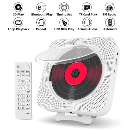 Imagem de Leitor de CD com alto-falante Bluetooth, som estéreo e suporte de parede, tela LED, controle remoto, rádio FM