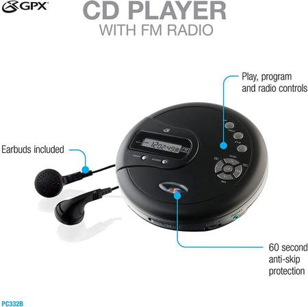 Imagem de Leitor de CD portátil com rádio FM e fones de ouvido estéreo - Preto com proteção contra saltos