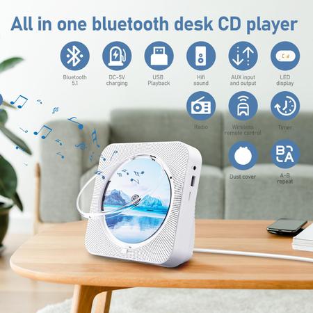 Imagem de Leitor de CD ZYOKATA Bluetooth 5.1 portátil com alto-falantes HiFi Wh