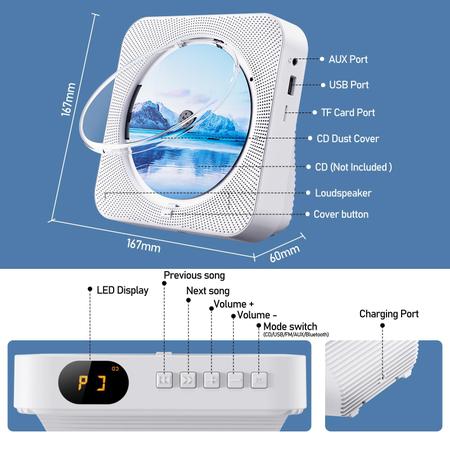 Imagem de Leitor de CD ZYOKATA Bluetooth 5.1 portátil com alto-falantes HiFi Wh