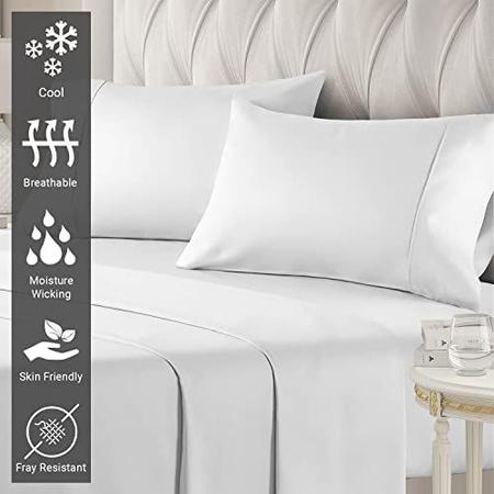 Imagem de Lençóis 100% algodão para queen size bed white, 400 thread count long staple Penteado Algodão, Sateen Cooling Sheets Queen, 15 Inch Deep Pocket Queen Sheets Set (White Cotton Bed Sheets Queen) - Pizuna