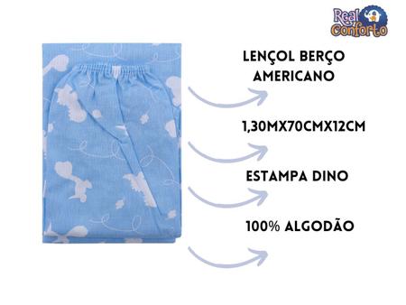 Imagem de Lençol Berço Americano Menino Com Elástico Dino Azul Avulso Bebê 100% Algodão