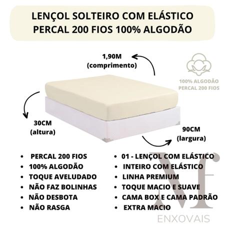 Imagem de Lençol Cama Box Solteiro 01 Peça Percal 200 Fios Liso com Elástico 100% Algodão PREMIUM Avulso