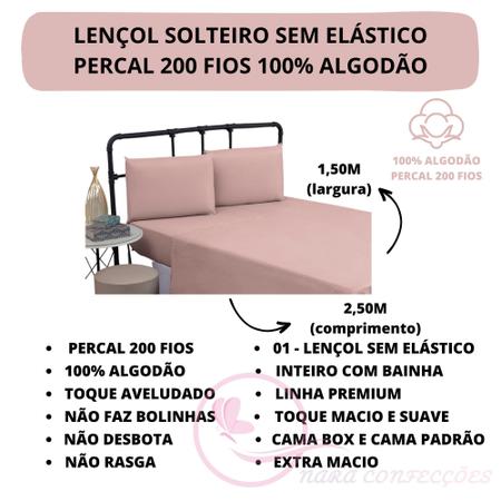 Imagem de Lençol Cama Box Solteiro Avulso 100% Algodão Sem Elástico Liso Percal 200 Fios