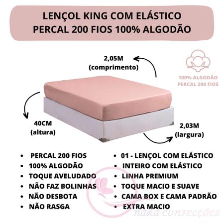 Imagem de Lençol Cama de King Size 04 peças com Elástico Percal 200 Fios 100% Algodão