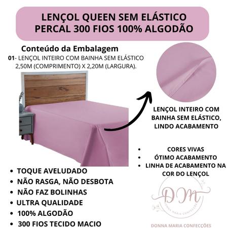 Imagem de Lençol Cama Queen Size Avulso 300 Fios Sem Elástico Percal 100% Algodão Cama Box Pousada Revenda