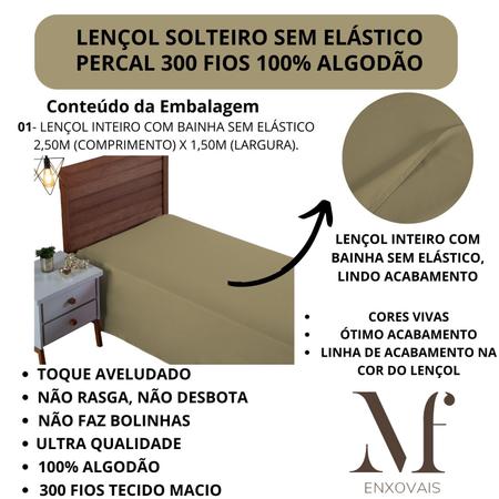 Imagem de Lençol de Cama Solteiro Sem Elástico PREMIUM Percal 300 Fios 100% Algodão Cama Box Avulso