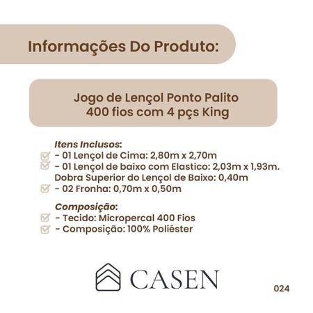 Imagem de Lençol Hotel 4 pçs 400 fios Casen Ponto Palito King