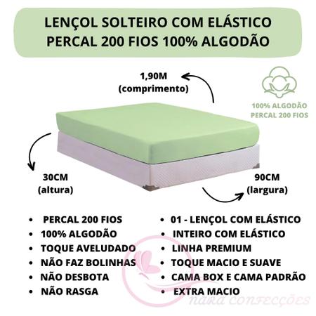 Imagem de Lençol Solteiro 01 Peça com Elástico Cama Box Percal 200 Fios Algodão