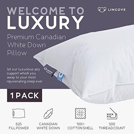 Imagem de Lincove Cloud Natural Canadian White Down Almofada de Luxo para Dormir - 625 Fill Power, 500 Thread Count 100% Cotton Shell, Made in Canada, Standard - Soft, 1 Pack