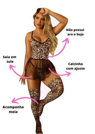 Lingerie Conjunto de Oncinha com Meia e Detalhe em Tule S