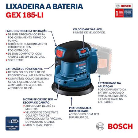 Imagem de Lixadeira Roto Orbital à Bateria 18V GEX 185-LI sem Bateria e sem Carregador BOSCH