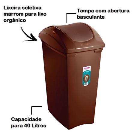 Imagem de Lixeira 40 Litros Seletiva Marrom Para Lixo Orgânico Tampa Basculante - SR64/25 Sanremo