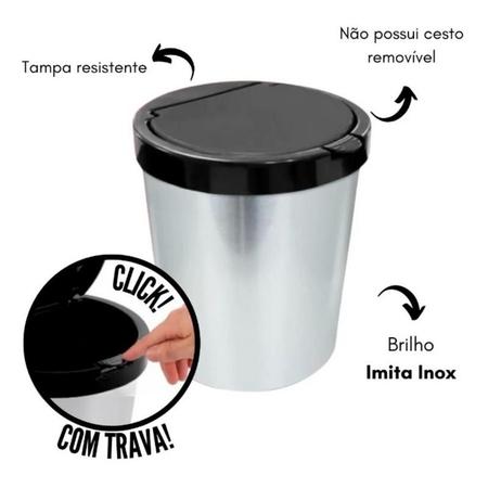 Imagem de Lixeira Cesto 10 Litros Imita Inox Tampa Click Label Redonda Lixo Escritório Banheiro Cozinha