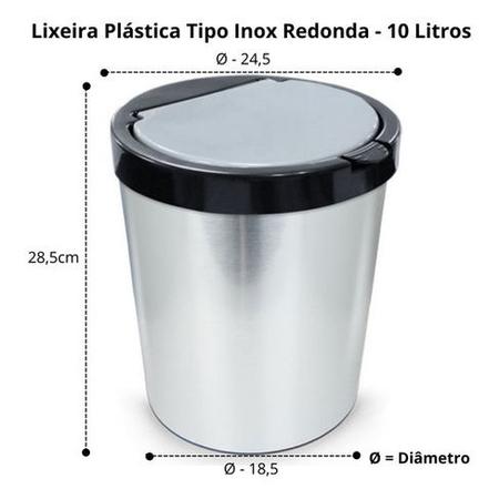 Imagem de Lixeira Cesto Tipo Inox Com Tampa Click 10 Litros Prata Luxo Banheiro Cozinha Quarto Escritório