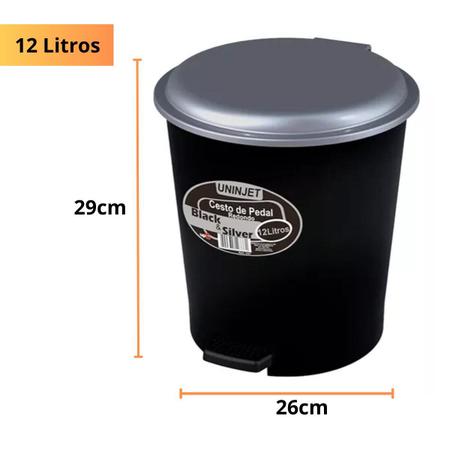 Imagem de Lixeira Com Pedal Redonda Preta De Plástico 12 Litros Cesto De Lixo Cozinha Banheiro Escritório