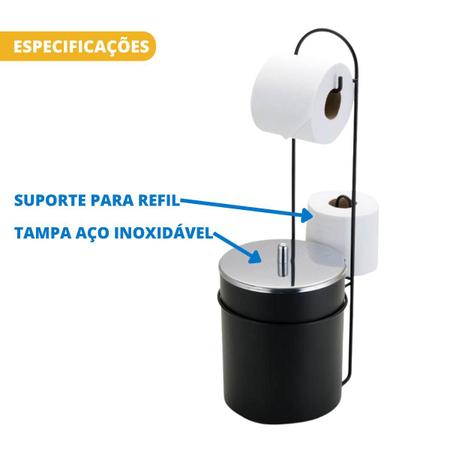 Imagem de Lixeira Com Tampa Inox e Porta Papel Higiênico de Chão Aço Preto Fosco Linha Premium Arthi