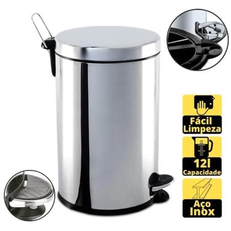 Imagem de Lixeira Inox 12 Litros Com Pedal Cesto Balde Interno Removível 40x26cm Aço Inox