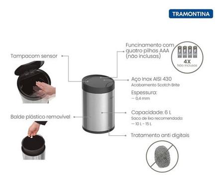 Imagem de Lixeira Tramontina Smart Automática Com Sensor Inox 6 L