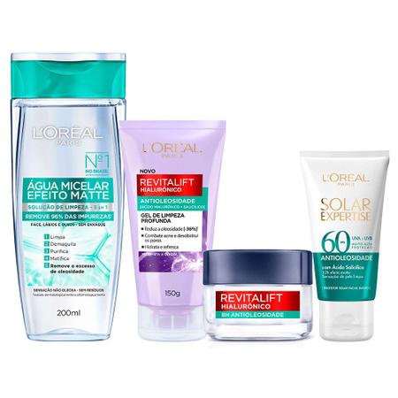 Imagem de LOréal Paris Antioleosidade Kit  Água Micelar + Gel de Limpeza Profunda + Gel Creme Facial + Protetor Solar FPS60