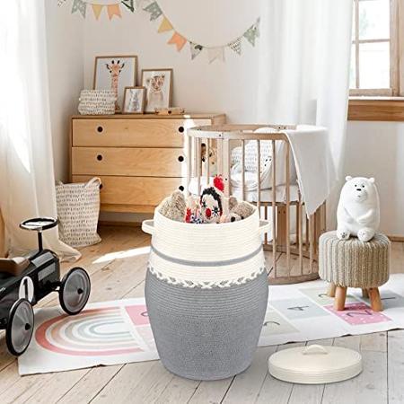 Imagem de LOVSTORAGE 20 "x26" grande corda cobertor cesta com tampa, cesta de armazenamento tecida cesta de lavanderia do bebê cesto de cesto de berçário decorativo cesta de brinquedo com alças para o quarto da sala de estar