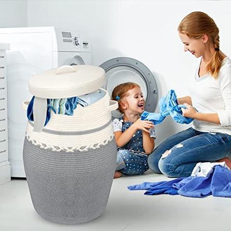 Imagem de LOVSTORAGE 20 "x26" grande corda cobertor cesta com tampa, cesta de armazenamento tecida cesta de lavanderia do bebê cesto de cesto de berçário decorativo cesta de brinquedo com alças para o quarto da sala de estar