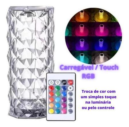 Imagem de Luminária Abajur Cristal LED Recarregável Touch USB 16 Cores Com Controle Remoto Para Mesa Quarto Decoração