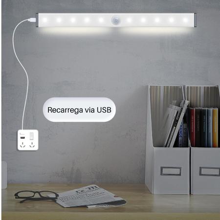 Imagem de Luminária Barra Led Sobrepor USB Luz Branco Frio Ou Quente De 30CM Com Sensor De Presença Para Armários Closets Nichos