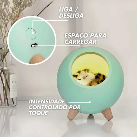 Imagem de Luminária de Mesa Verde Recarregável Sem Fio Gatinho Pelúcia