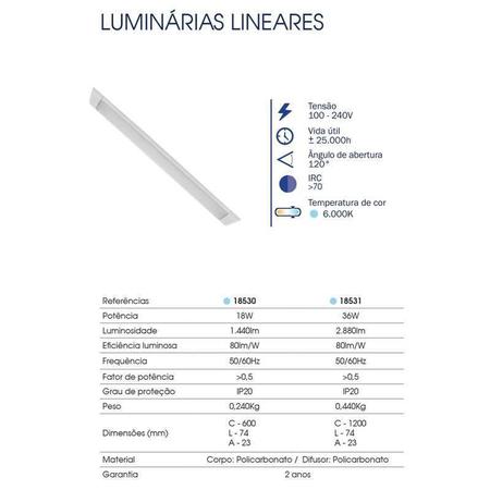 Imagem de Luminária Led Linear Sobrepor Teto 18W 60Cm Luz Branca Fria