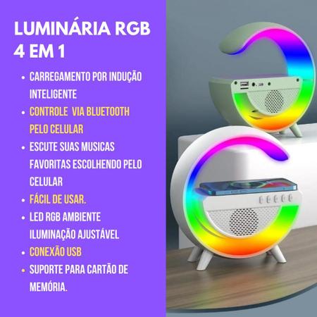 Imagem de Luminária RGB 4 em 1 Carregador sem fio - caixa de som bluetooth - luz led RGB controle de cores aplicativo