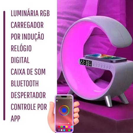 Luminária G 4 em 1 - Luminária, Caixa de som bluetooth, Relógio/Despertador  e Carregador por Indução