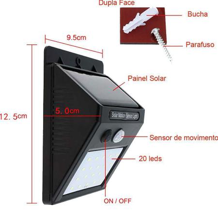 Imagem de Luminária Solar Parede 20 Leds com sensor Acendimento Automático GT510 - Lorben
