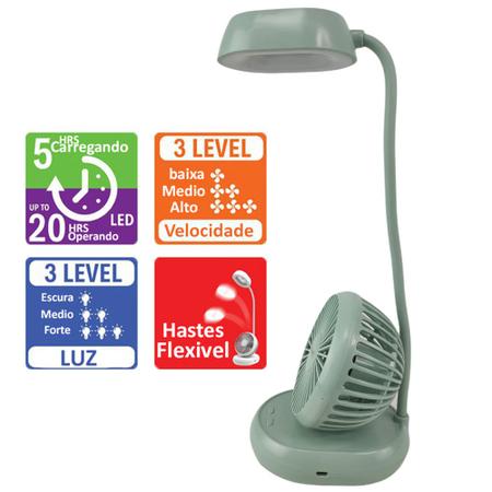 Imagem de Luminaria Ventilador Luz Led Ajustavel 2 em 1 Abajur de Mesa Sem Fio USB 3 intensidades Regulavel