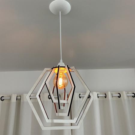 Imagem de Lustre Luminária Pendente Madeira Sala Quarto Cozinha Balcão Hexágono Branco