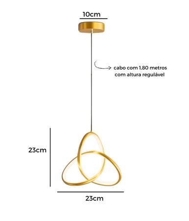 Imagem de Lustre Pendente Led Integrado 10W Dourado 23cm Suspenso Sobrepor Moderno Luz Branco Quente 3200k Bivolt 110V 220V Para Sala Quarto Mesa Decoração Casa