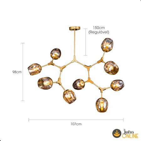 Imagem de Lustre Pendente Moderno diferente com 9 Braços 107x98cm Dourado e Champanhe Bivolt Bocal E27 Lumier