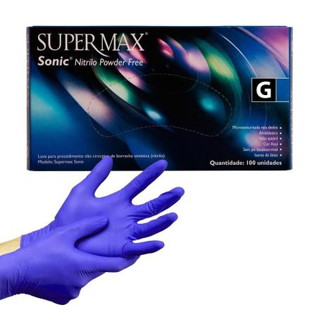 Imagem de Luva Nitrílica Azul Sonic Grande Sem Pó Caixa com 100 Supermax
