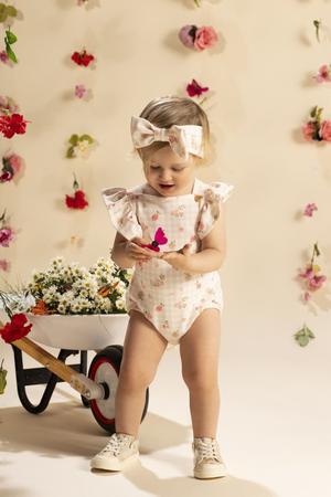 Imagem de Macacão Curto Bebê Menina Xadrez Vichy E Estampa de Florzinhas